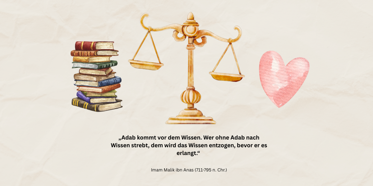 Adab Islam wichtiger als Wissen - Waage mit Büchern und Herz symbolisiert islamische Etikette