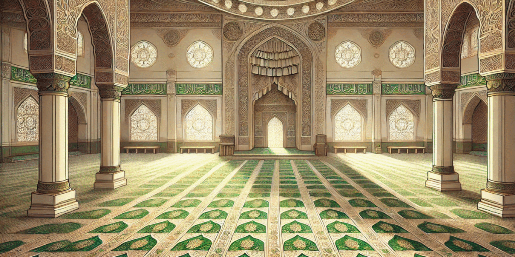 Adab in der Moschee – Islamische Etikette im Gebetsraum mit Mihrab und Gebetsteppichen