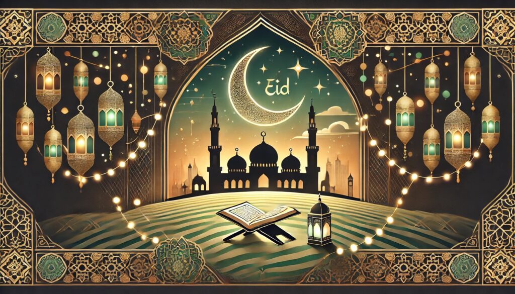 Islamische Feiertage – Eid mit Moschee, Qur'an und festlichen Laternen als Symbol für Freude und Spiritualität