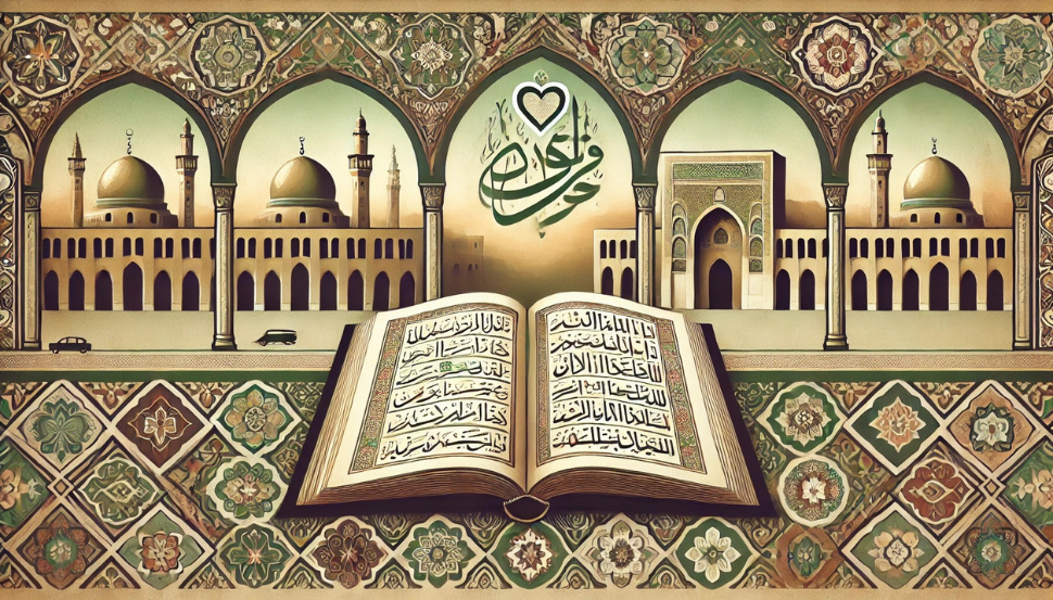 Offener Qur’an vor islamischer Architektur – Symbol für Wissen, Herzführung und die spirituelle Lehre Ibn Qayyim al-Jawziyyahs