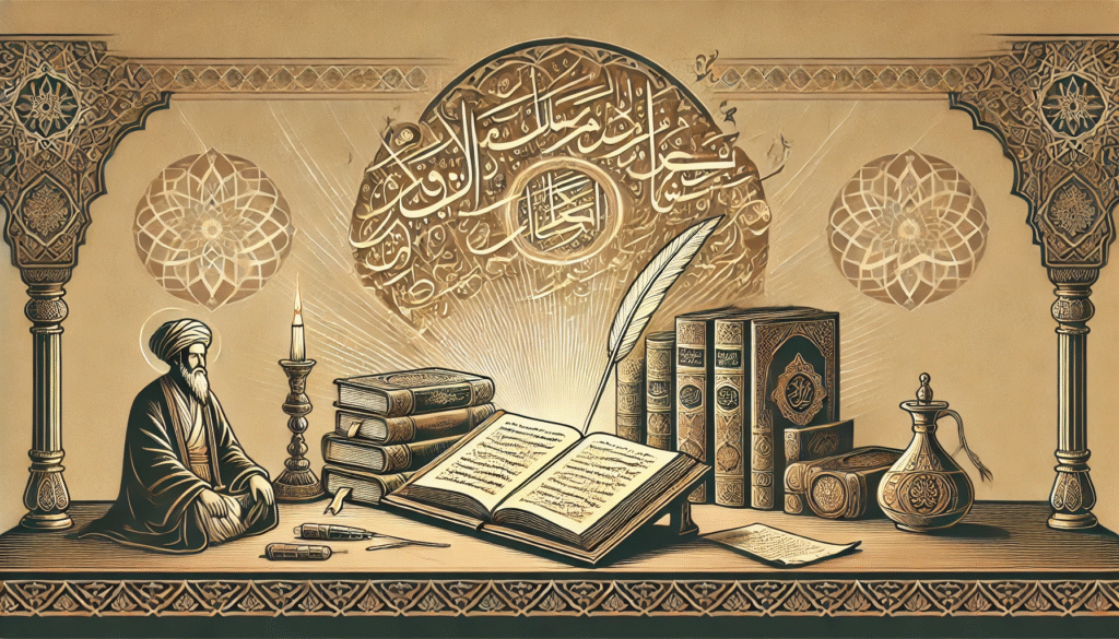 Islamischer Gelehrter mit Manuskripten und Qur’an – Symbol für klassische islamische Bücher und zeitlose Weisheit der Gelehrten.