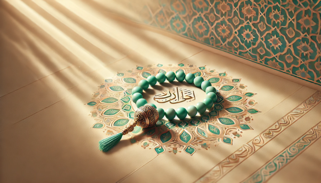 Türkisfarbene Misbaha auf islamischem Ornament mit goldenem Licht – Symbol für Dhikr und einfaches Gottesgedenken im Alltag