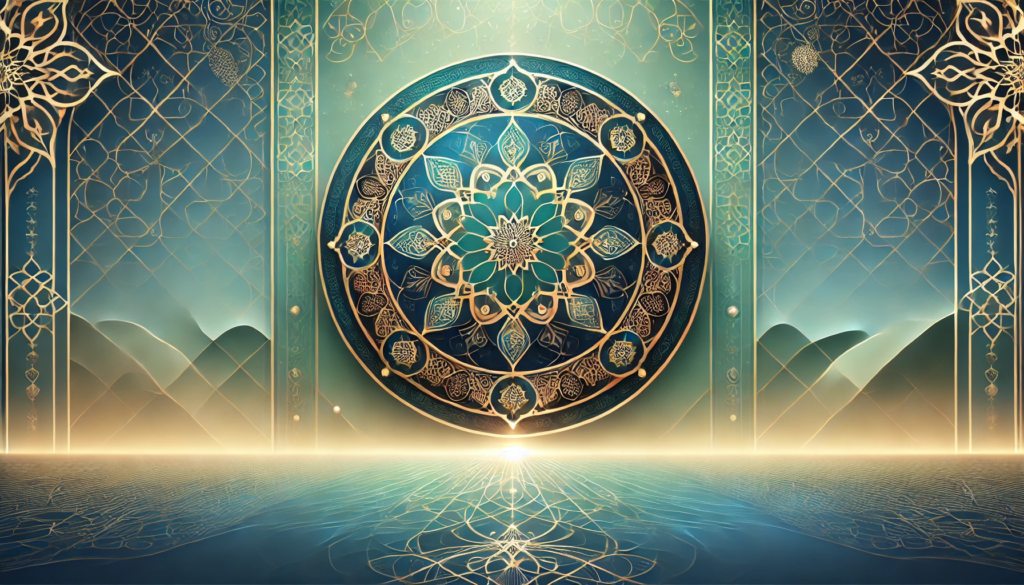 Islamisches Ornament in Türkis und Gold mit Sonnenlicht über dem Horizont – symbolische Darstellung der spirituellen Bedeutung der Gebetszeiten.