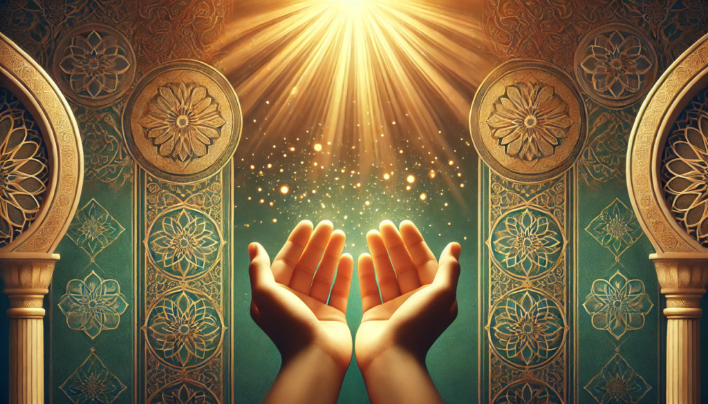 Geöffnete Hände im goldenen Licht vor smaragdgrünem islamischen Ornament – symbolische Darstellung von Dankbarkeit (Shukr) im Islam.“