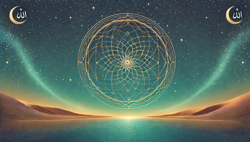 Symbolisches islamisches Artwork mit einem türkisgrünen Nachthimmel, feinen goldenen Sternen und geometrischen Linien, die ein kosmisches Netz darstellen. Am unteren Rand ein sanft leuchtender goldener Horizont. Das Bild vermittelt Ruhe, Ordnung und spirituelle Tiefe.